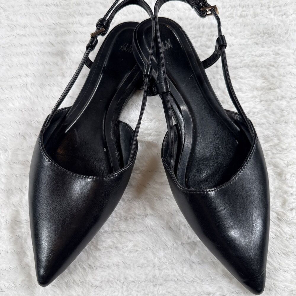 BLACK POINTED TOE LEATHER SLINGBACK FLATS SIZE 5 (36)